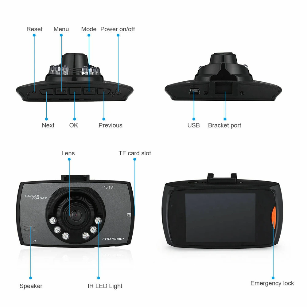 2.7" 1080P Front & Rear Dash Cam with Night Vision
