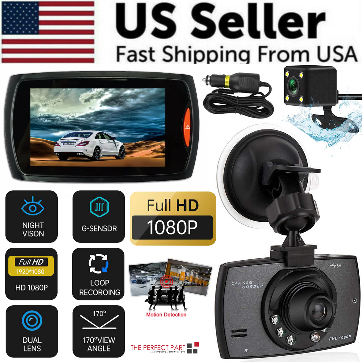 2.7" 1080P Front & Rear Dash Cam with Night Vision